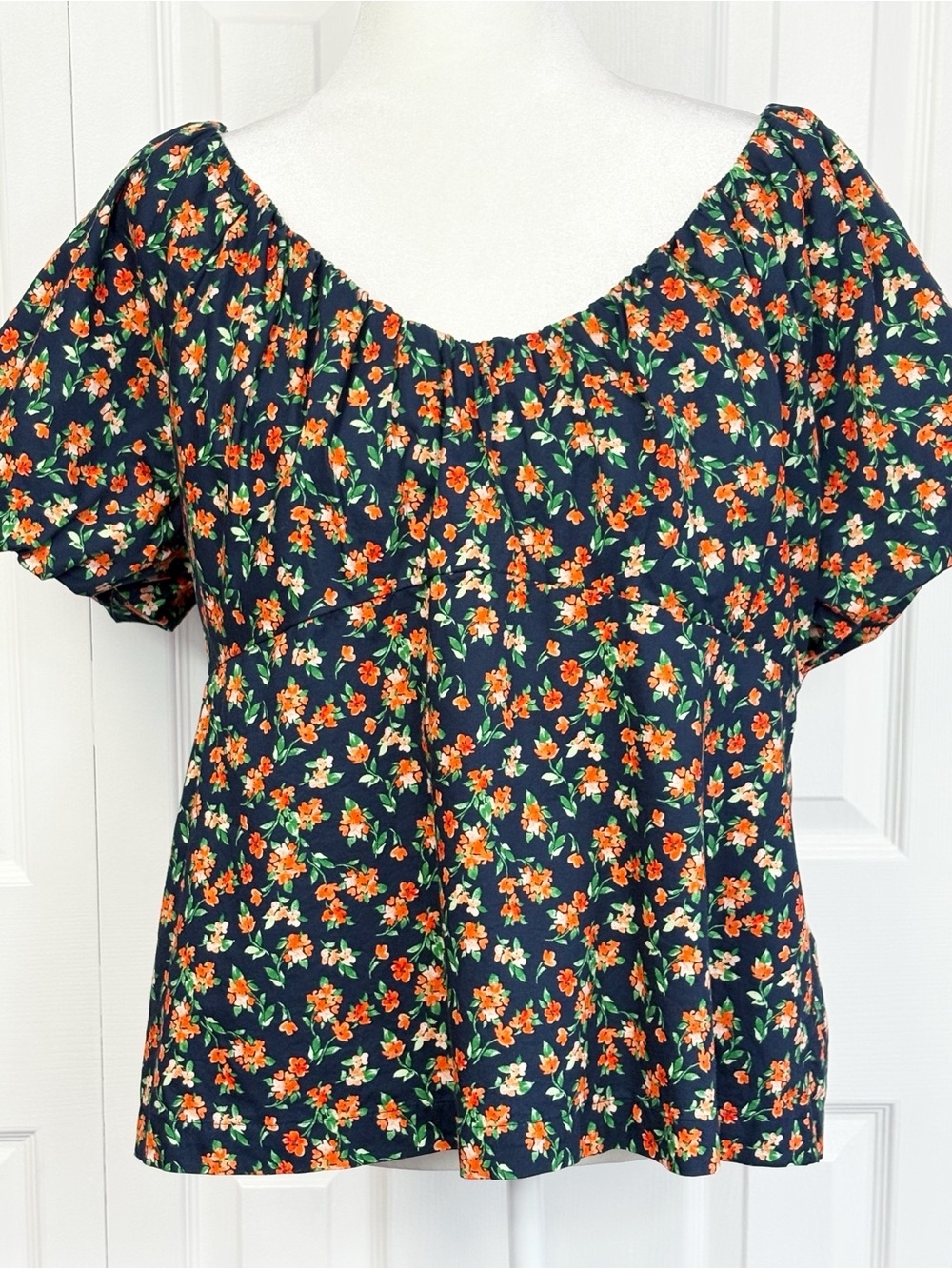 Old Navy Navy Blue & Orange Floral Print Puff Sleeve Smocked Trapeze Top XL